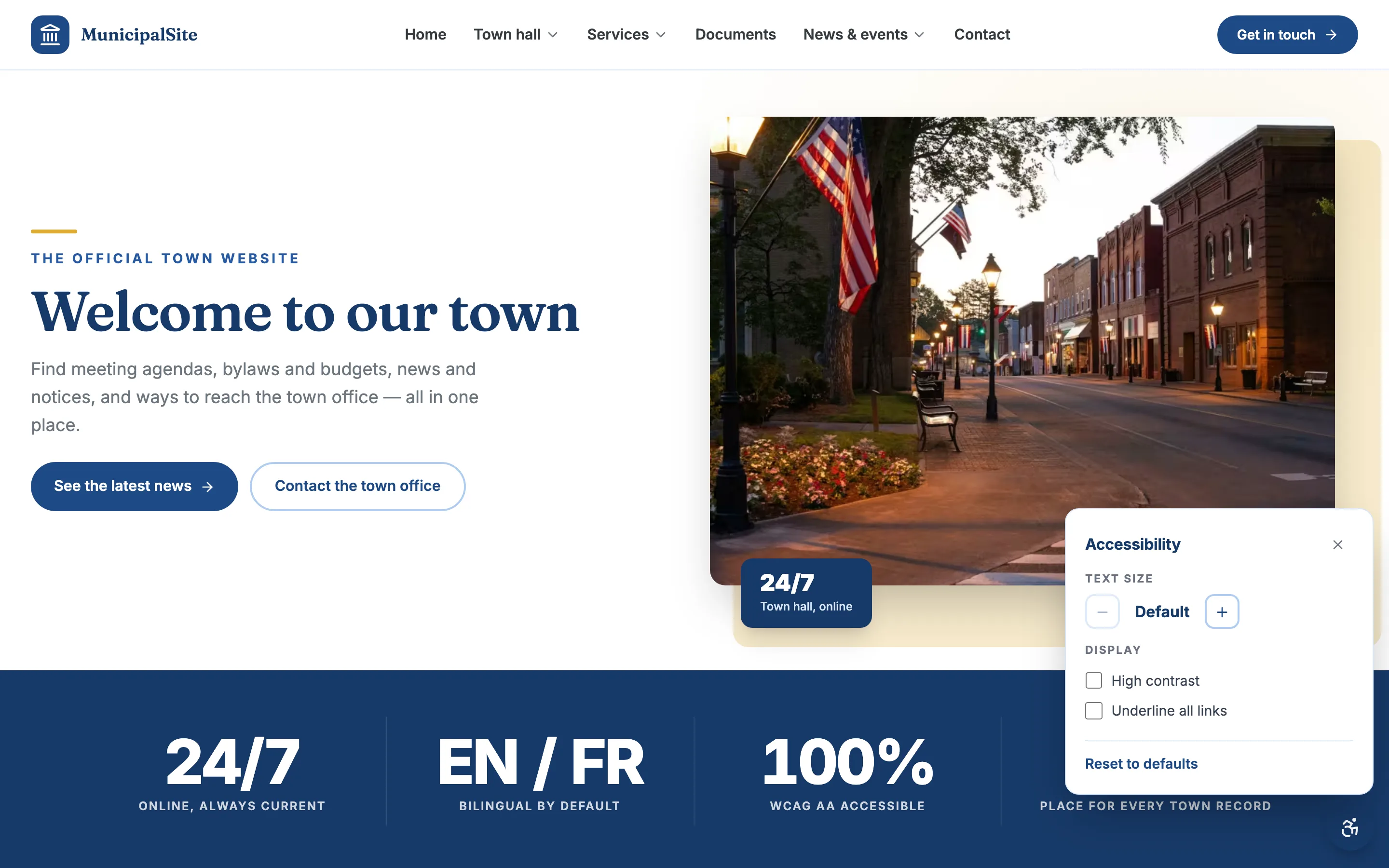 A town page with the accessibility panel open, showing reader and contrast controls