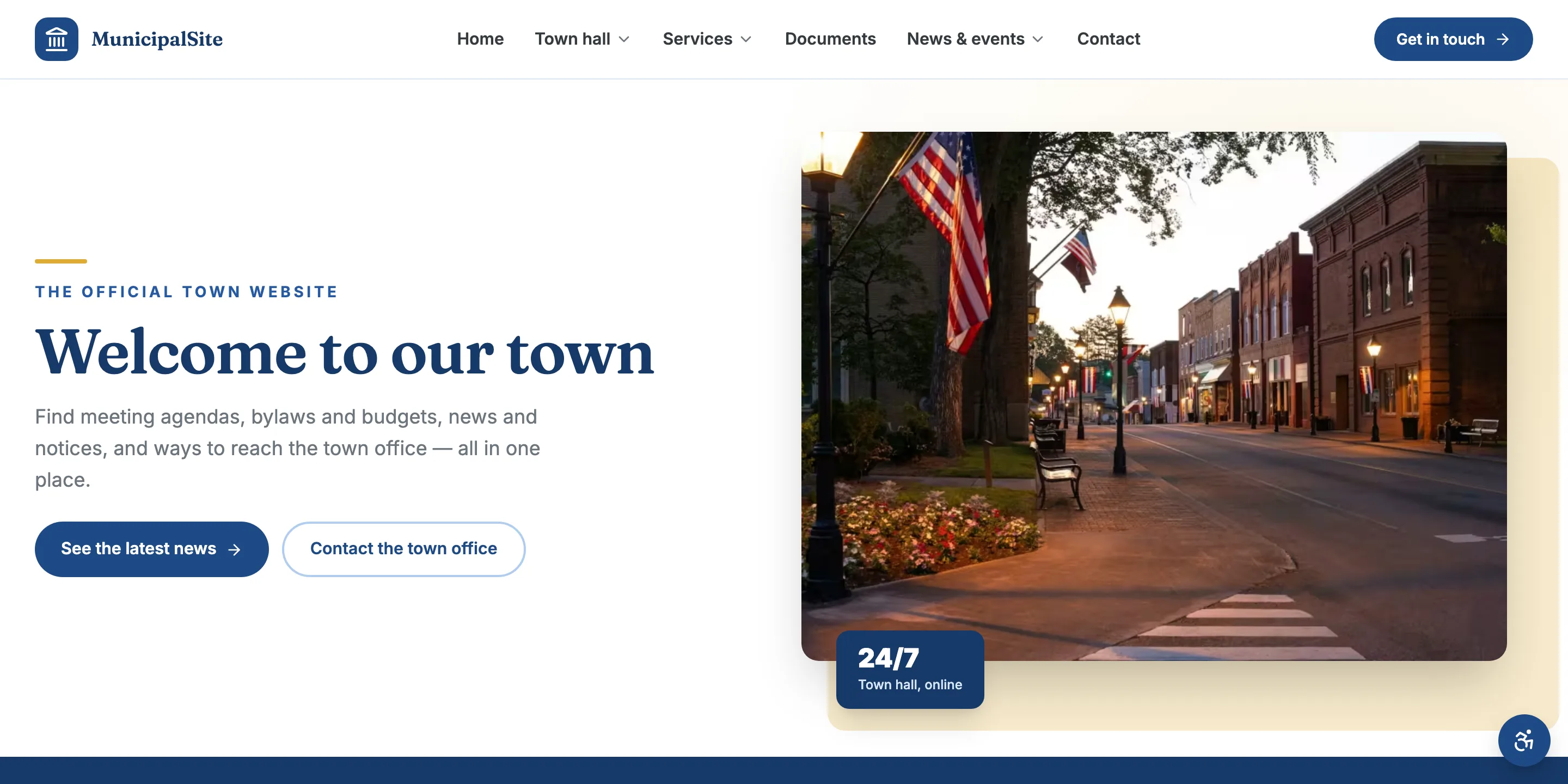 A town homepage with a site-wide alert banner displayed above the header