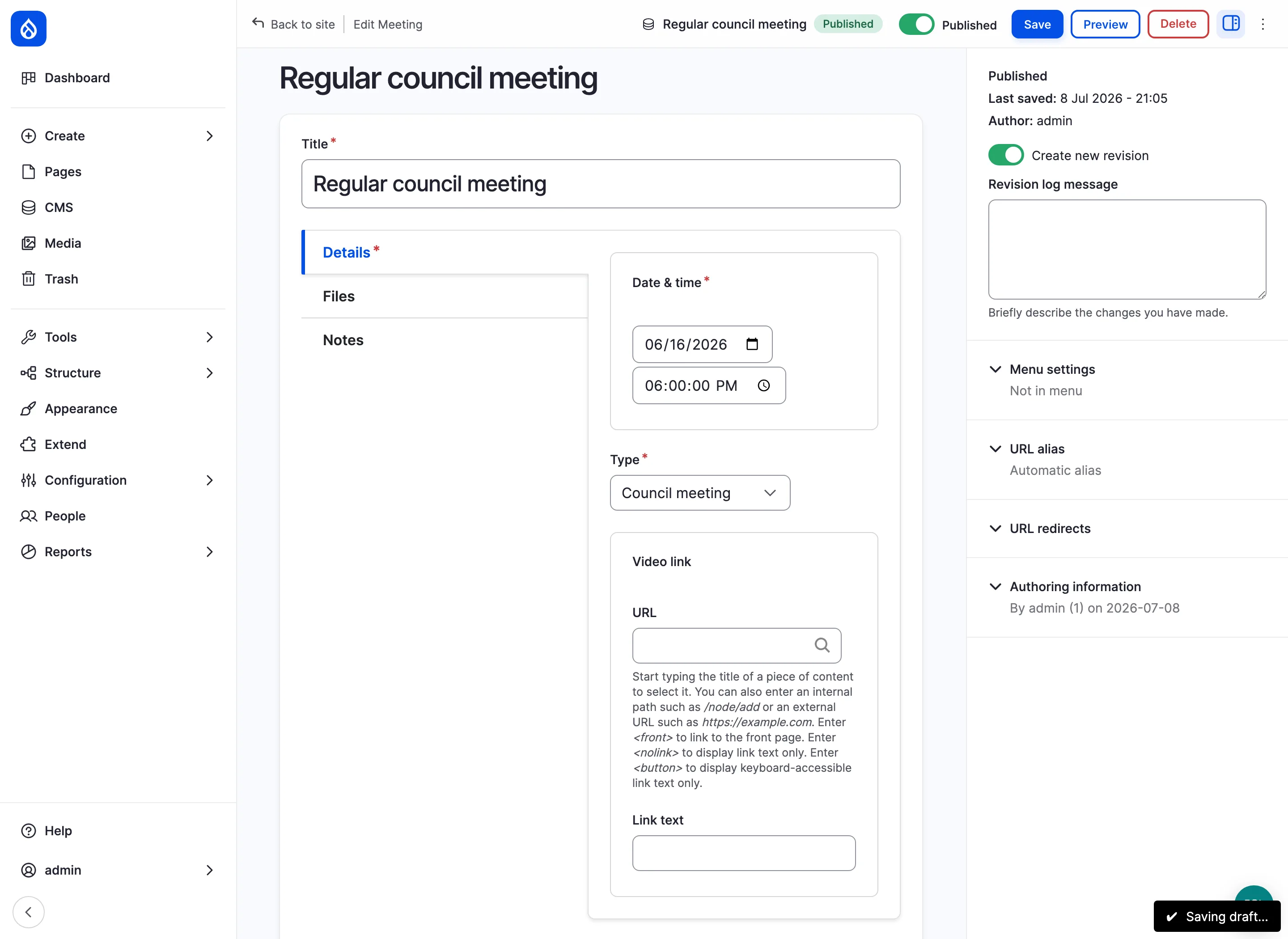 The MunicipalSite editor: a council meeting open as a simple form with title, date, type, and file fields