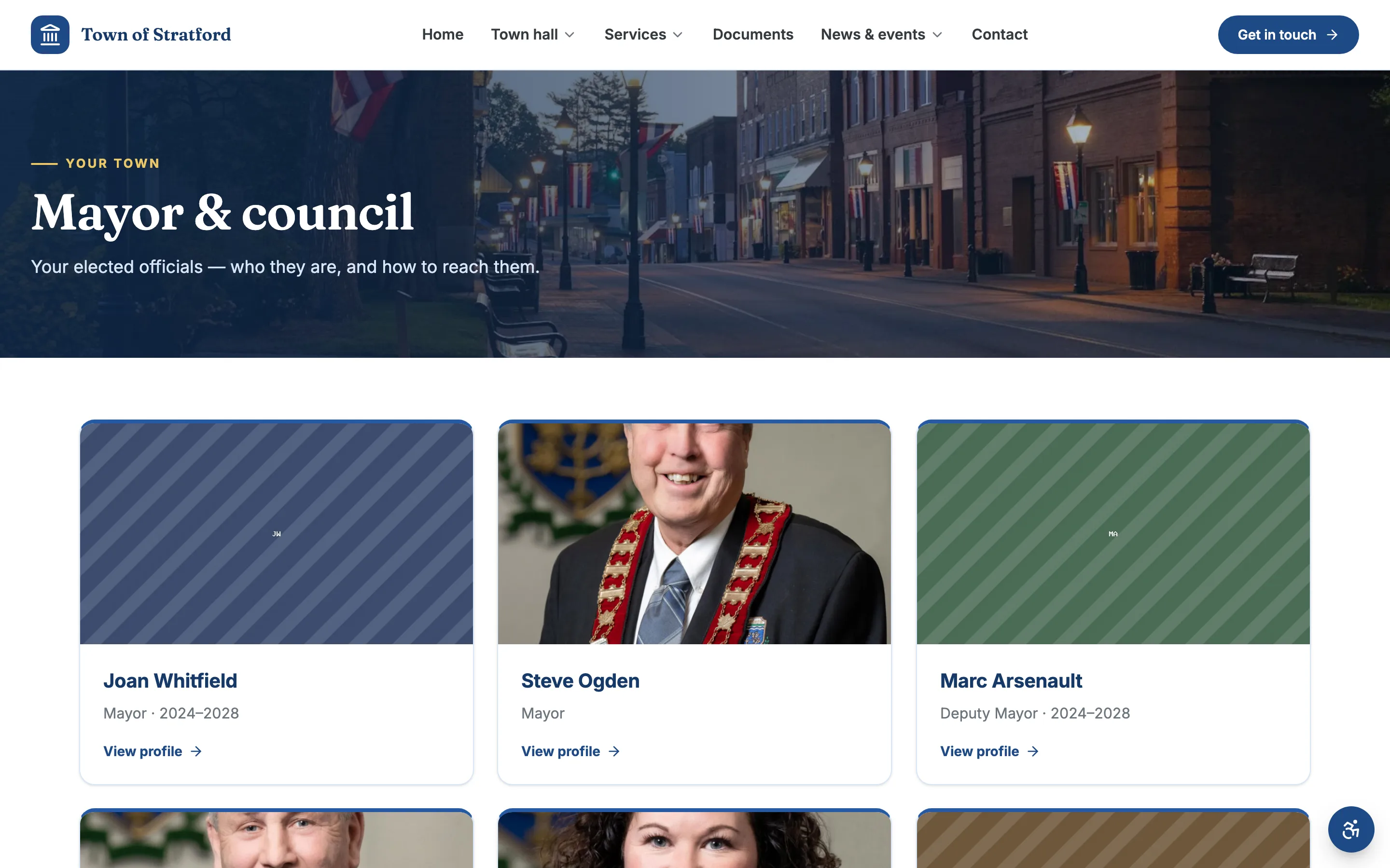 A council page: councillor profile cards with photos, wards, and contact details