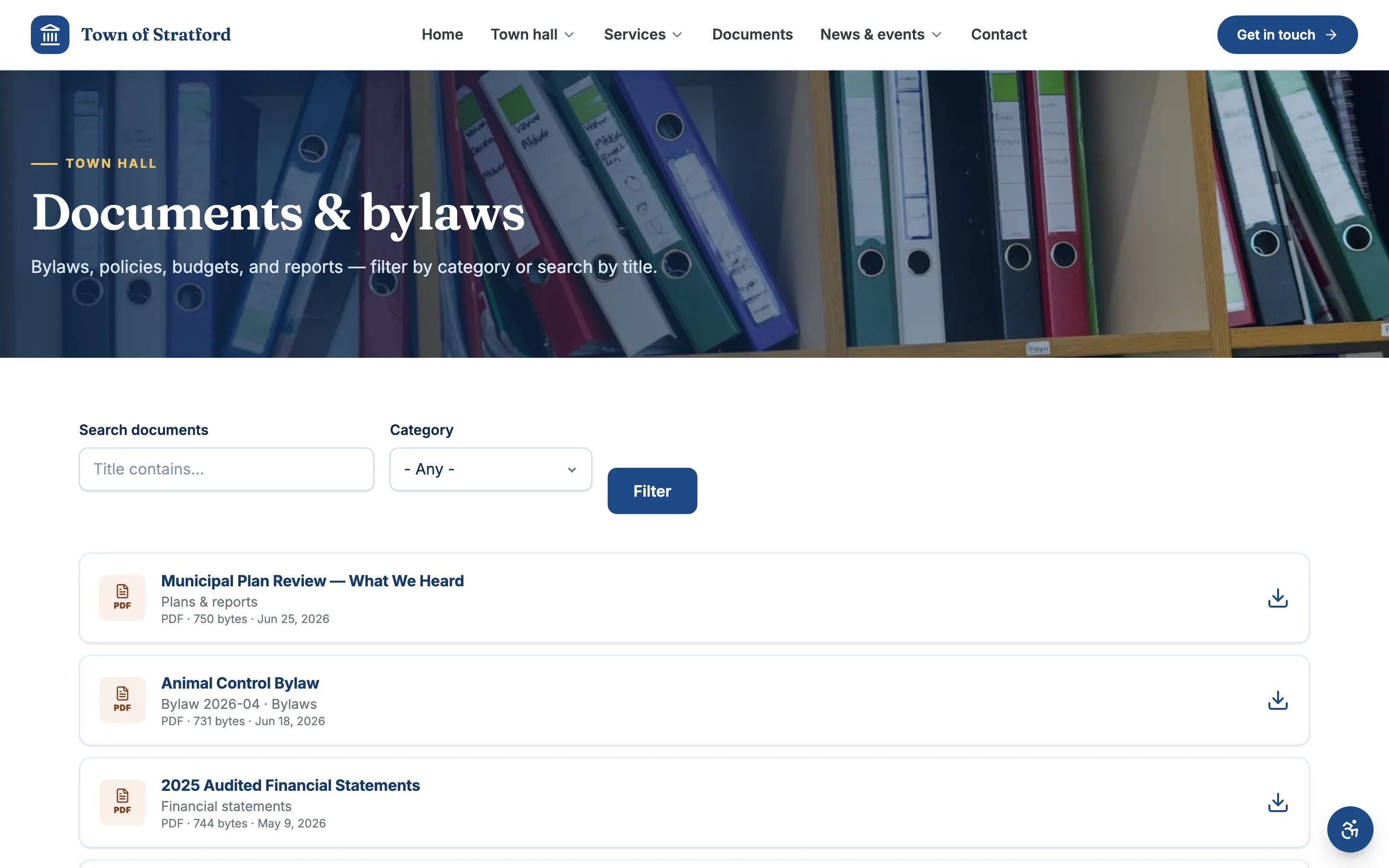 A town documents & bylaws page: searchable library of budgets, financial statements, and bylaws with category filters