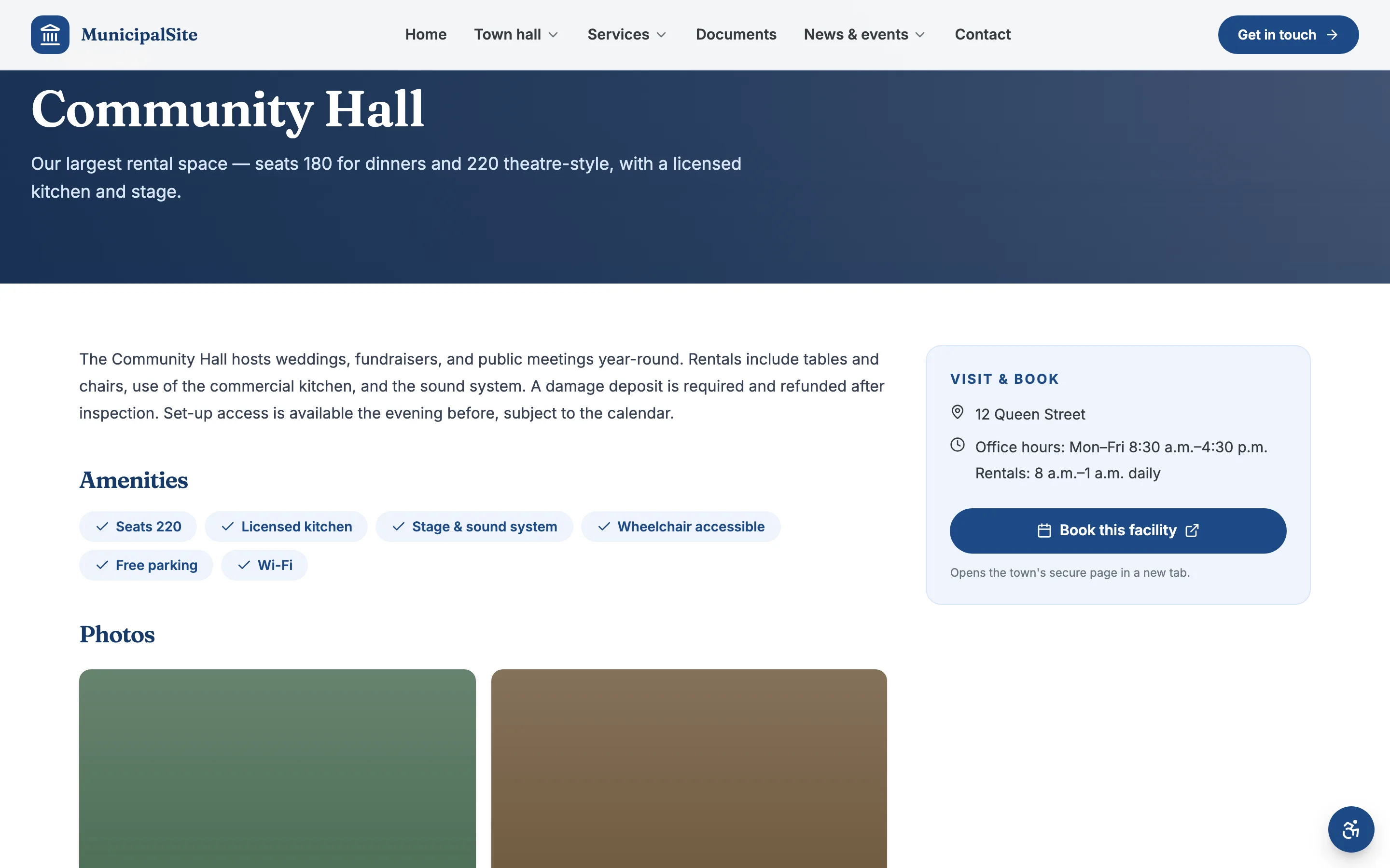 A facility page with photos, details, and a Book call-to-action