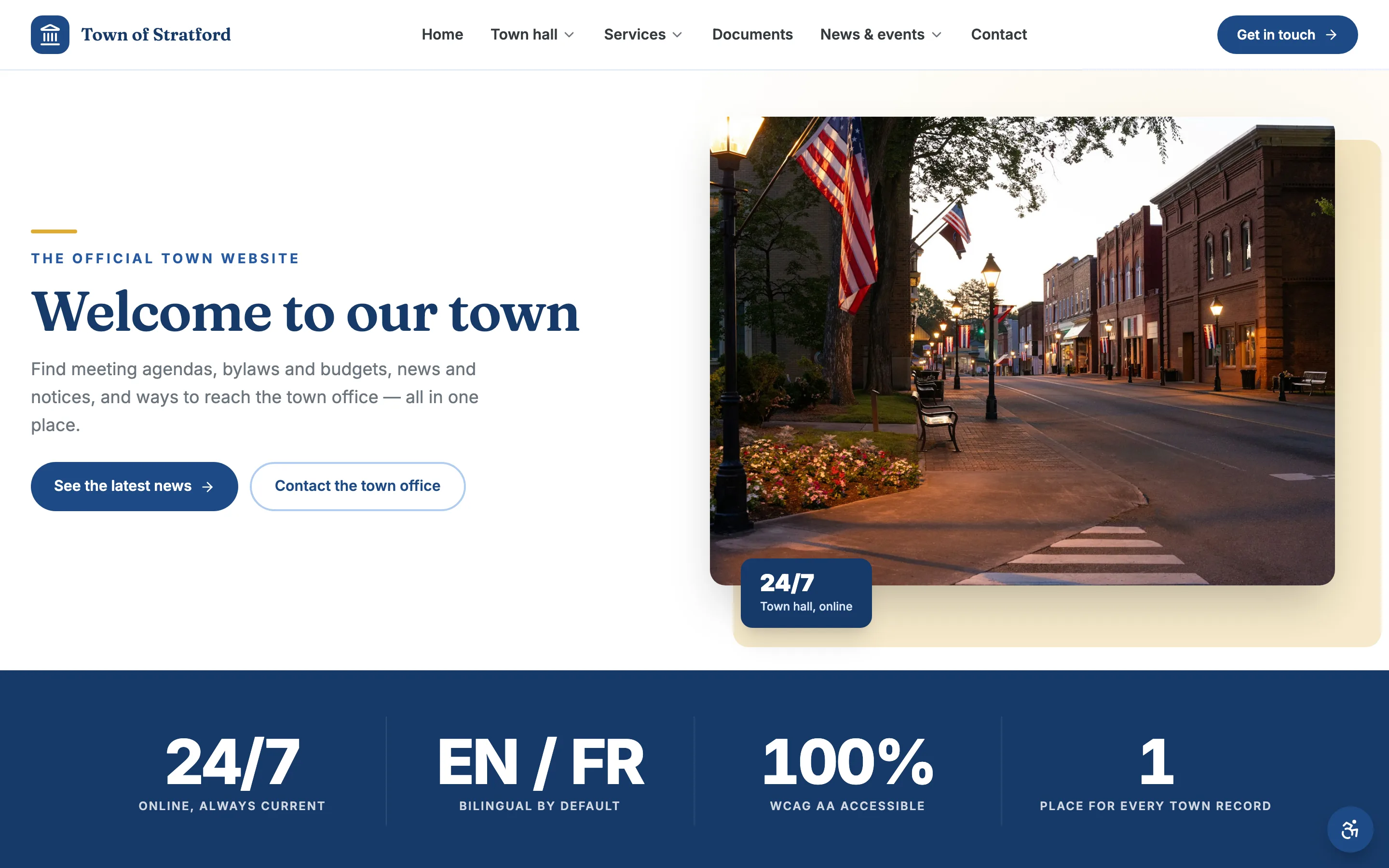 A finished MunicipalSite municipal homepage — photo hero, quick links to meetings, documents, news, and a report-an-issue path