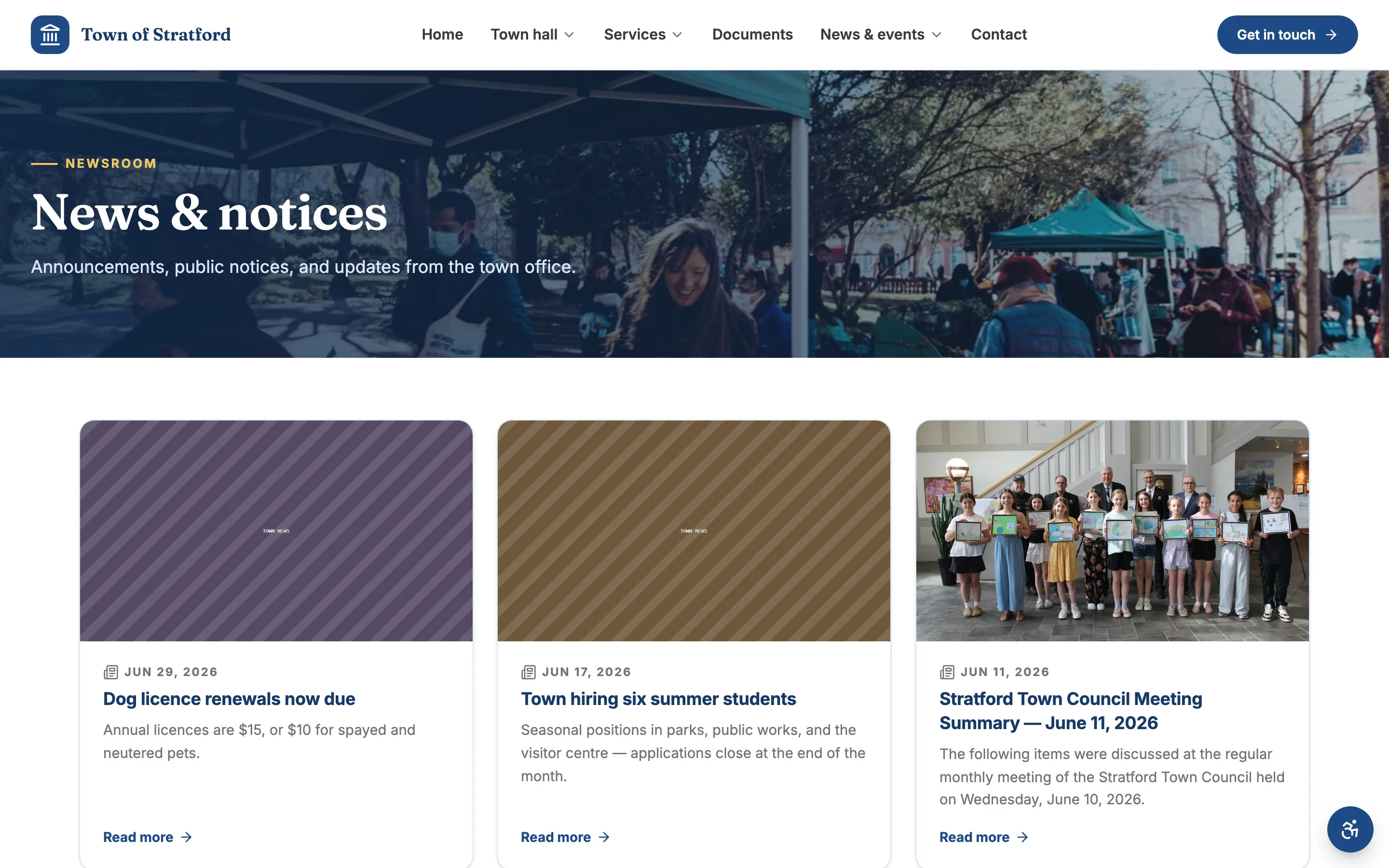 A news page: recent announcements and press releases in a clean feed