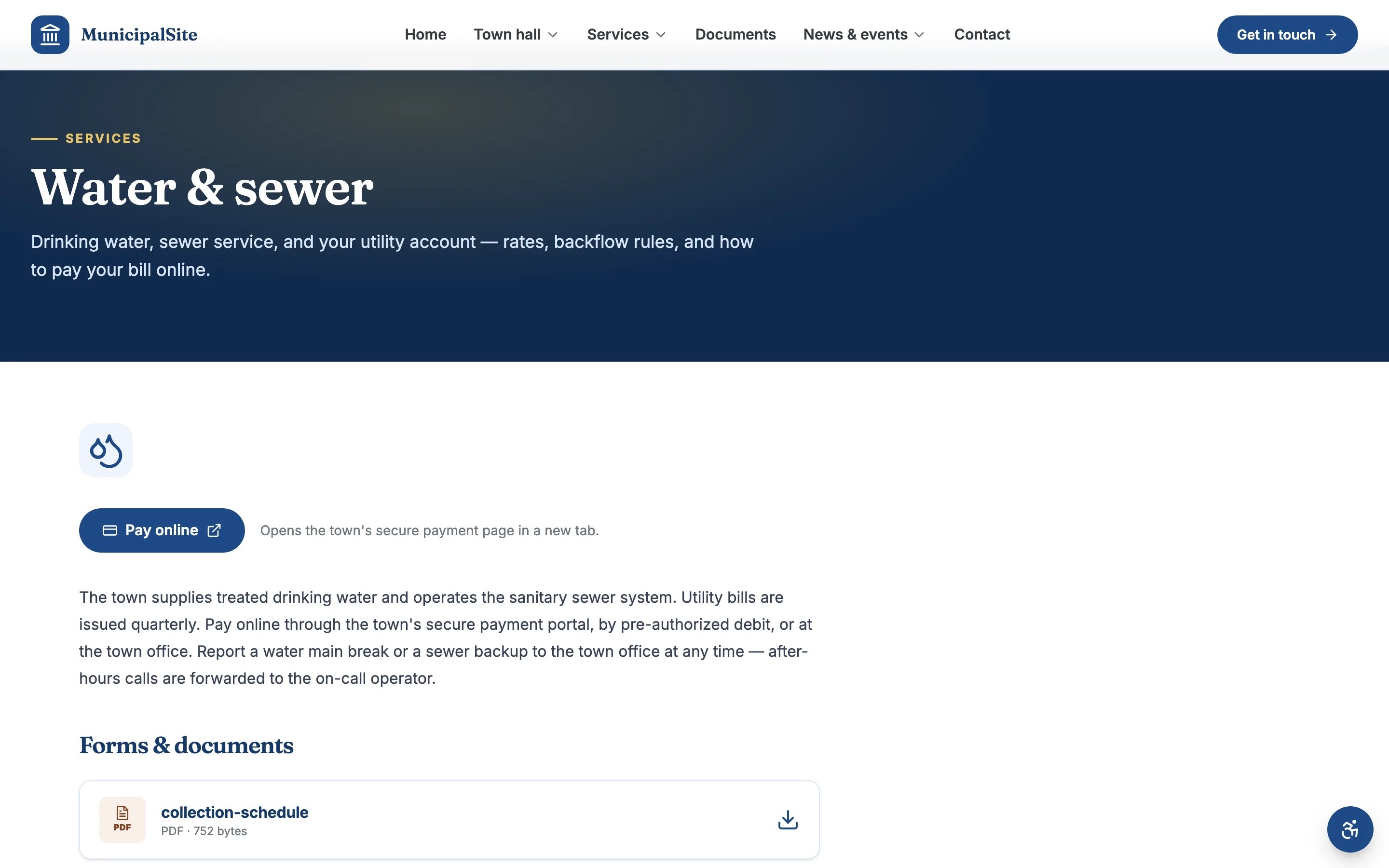 A town service page with a prominent Pay online button