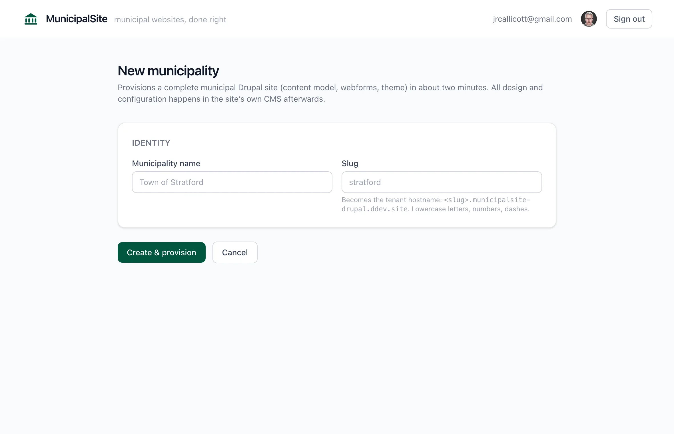 The new-municipality wizard used to provision and brand a site